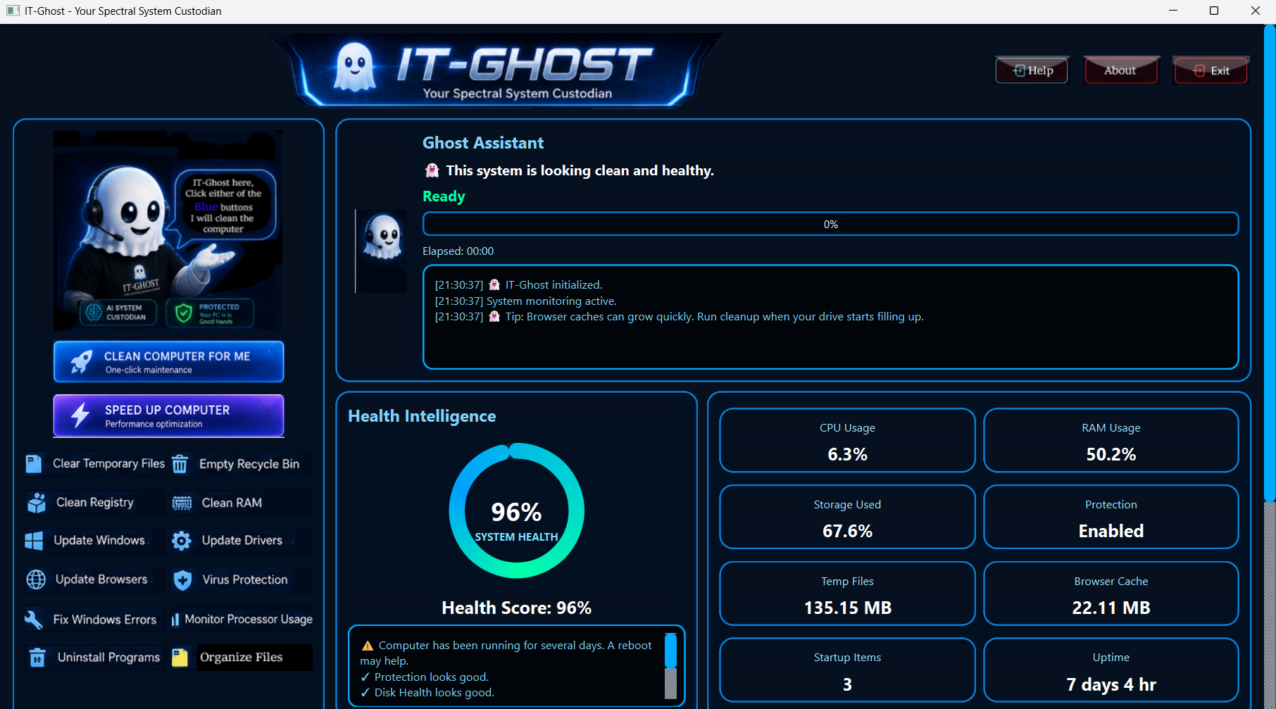 Screenshot of the IT-Ghost Windows application dashboard